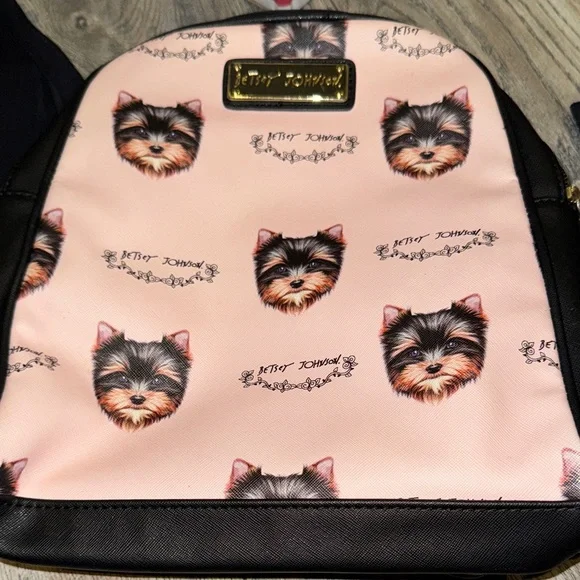 Betsey Johnson Vintage Pink and Black Yorkie Pattern Backpack - Picture 2 of 10